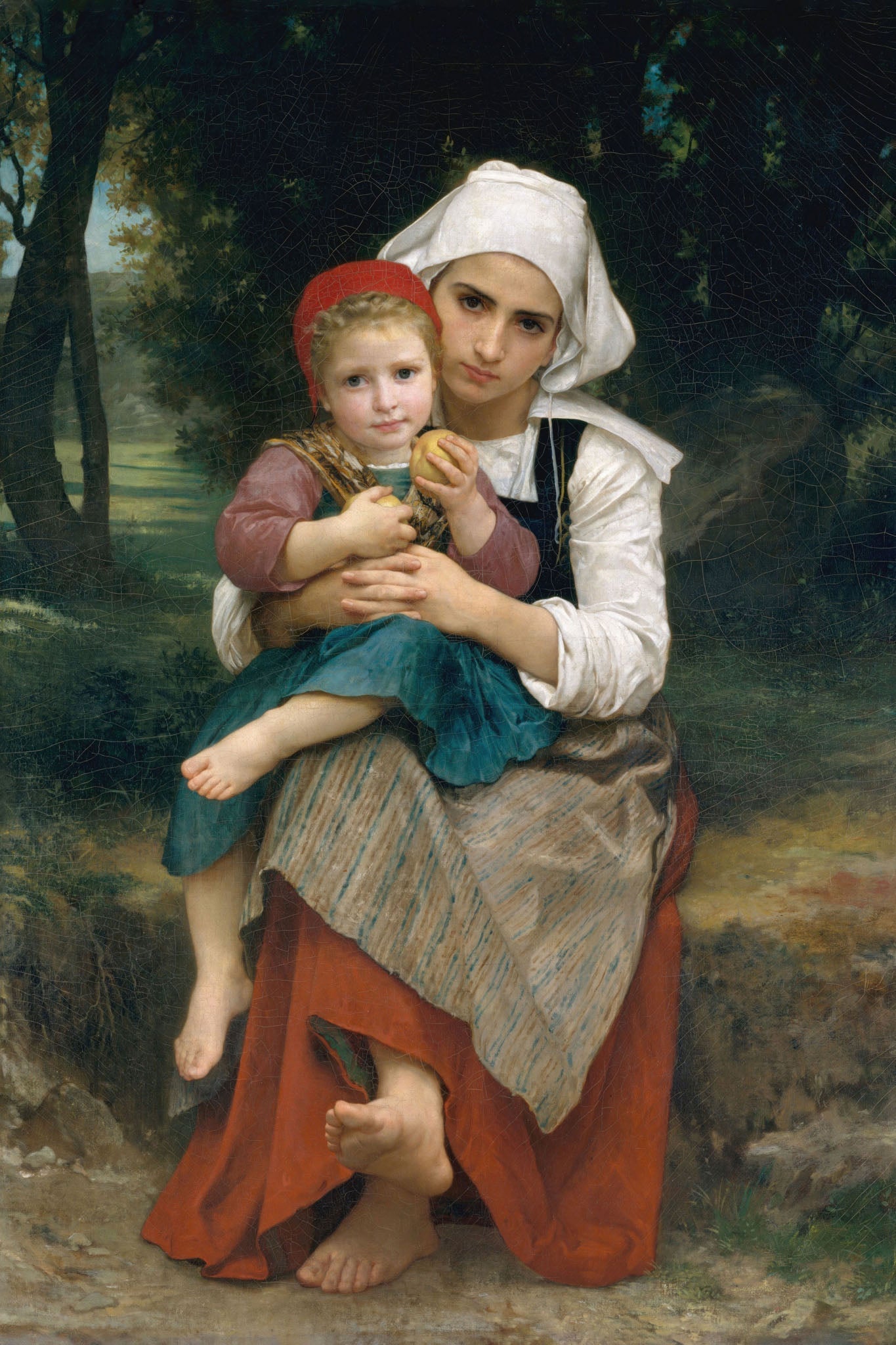 19th-century portrait of a young Breton boy and girl in traditional dress, depicting their affectionate and protective sibling bond against a serene, pastoral backdrop with a realistic and nurturing touch.