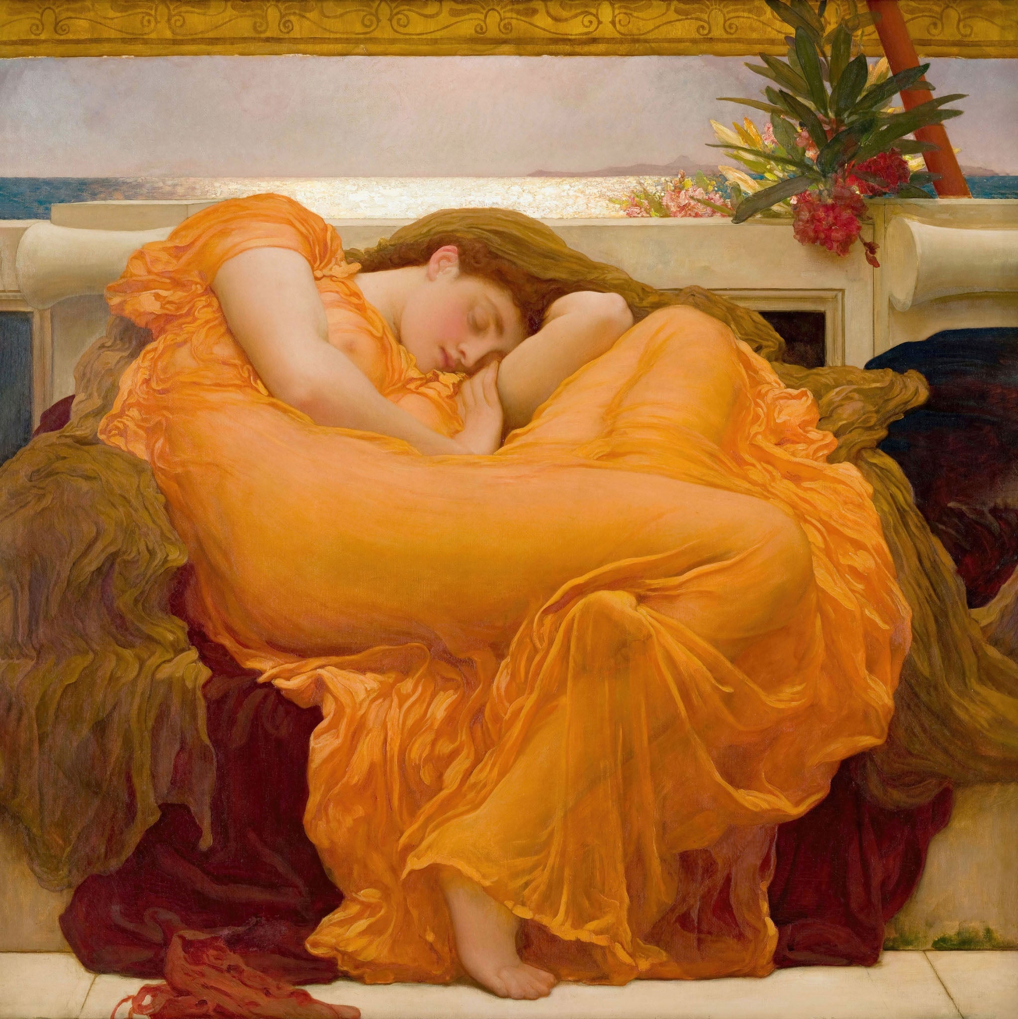 Classic Victorian portrait by Lord Frederic Leighton depicting a serene female figure reclining in a flowing orange gown, exuding tranquility and elegance.