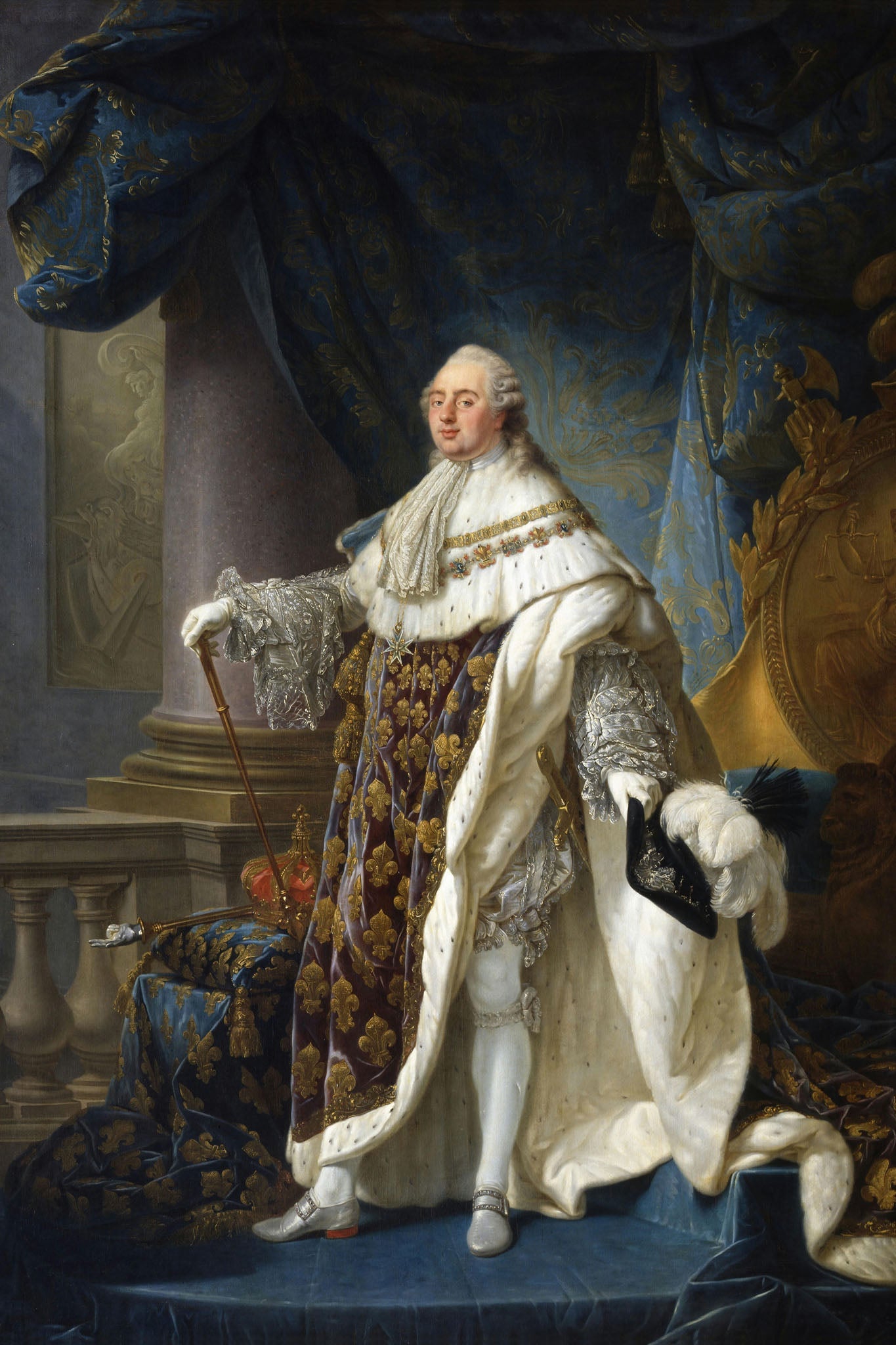 18th-century portrait of Louis XVI in his grand royal costume, featuring a velvet cloak with ermine fur and a scepter, showcasing the opulence and authority of French monarchy with ornate baroque details and historical splendor.
