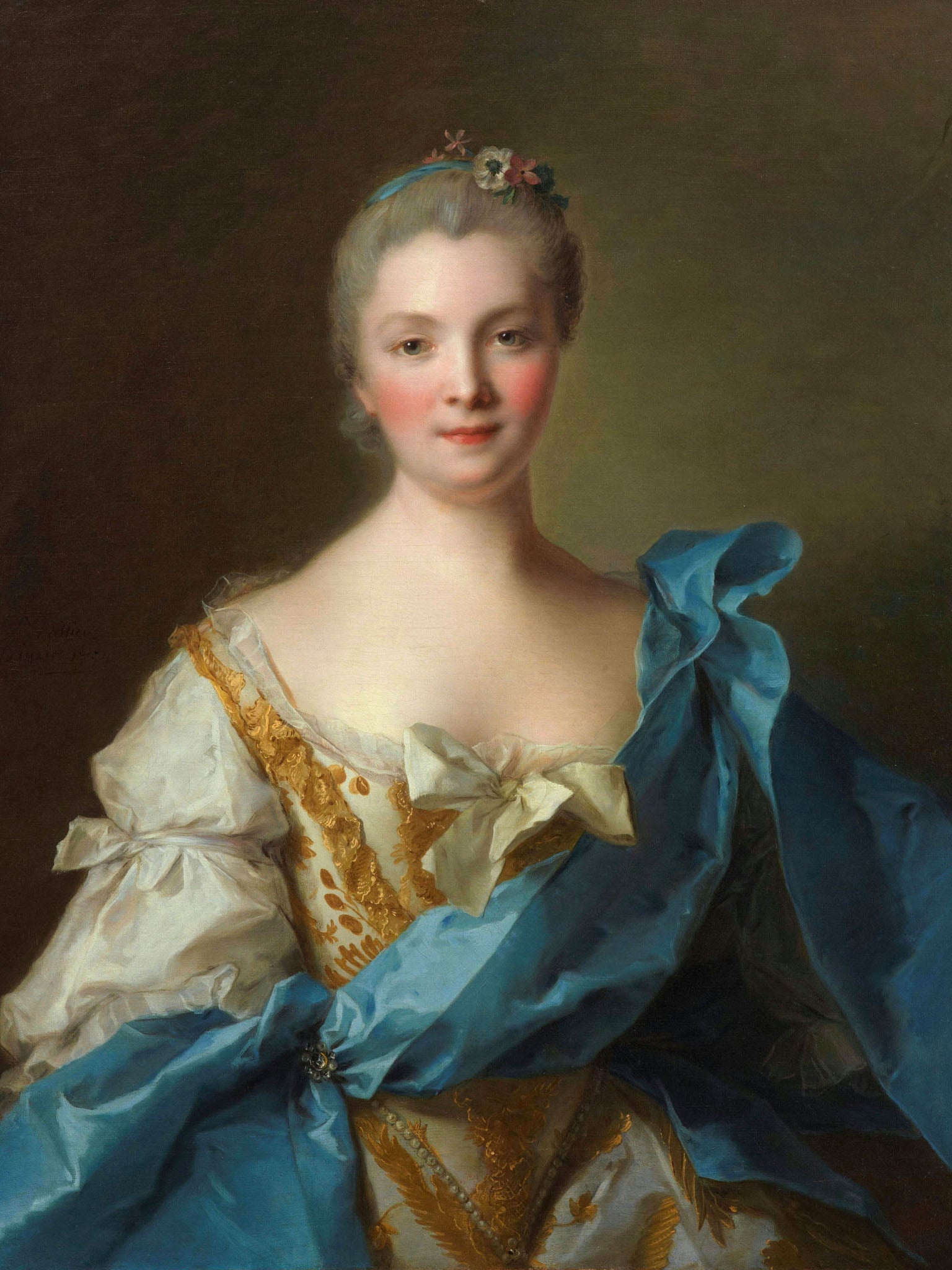 18th-century Rococo portrait by Jean-Marc Nattier of Madame de La Porte, showcasing elegance with a blue dress, gold details, and a serene, youthful expression.