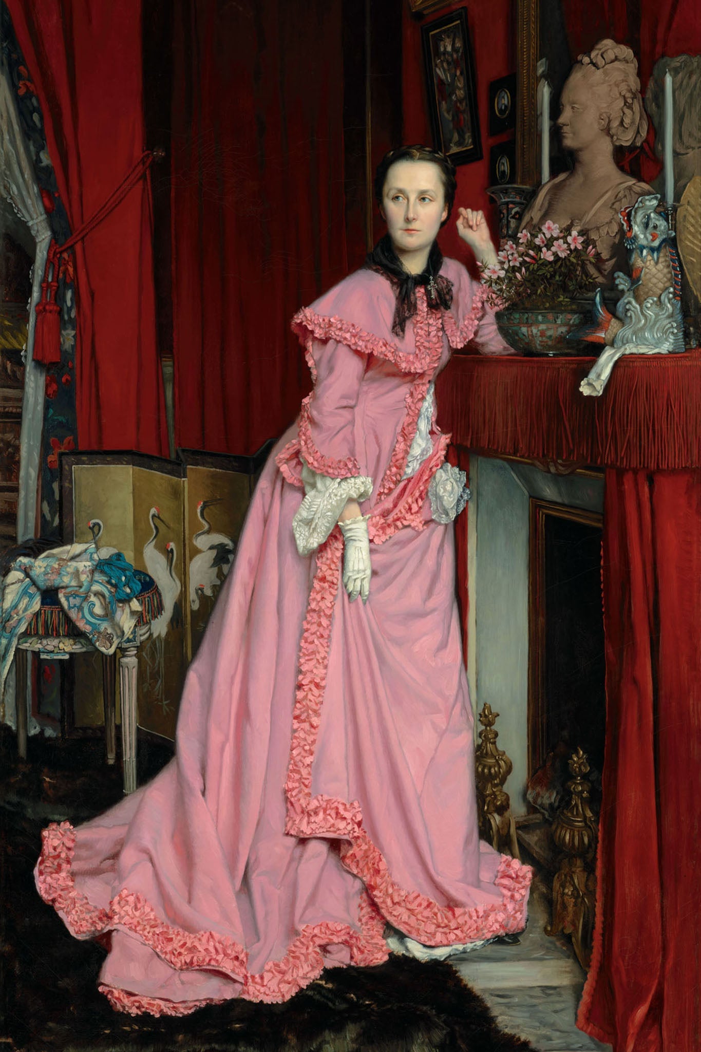 19th-century portrait of the Marquise de Miramon in a pink lace dress, set against a backdrop of red curtains and floral arrangements, reflecting Victorian aristocratic elegance and sophistication with detailed interior decor and poised beauty.