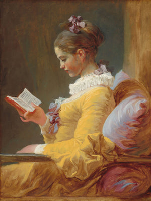 18th-century Rococo painting by Jean-Honoré Fragonard of a young girl reading a book in a yellow dress, illuminated by soft window light, showcasing serenity and introspection.