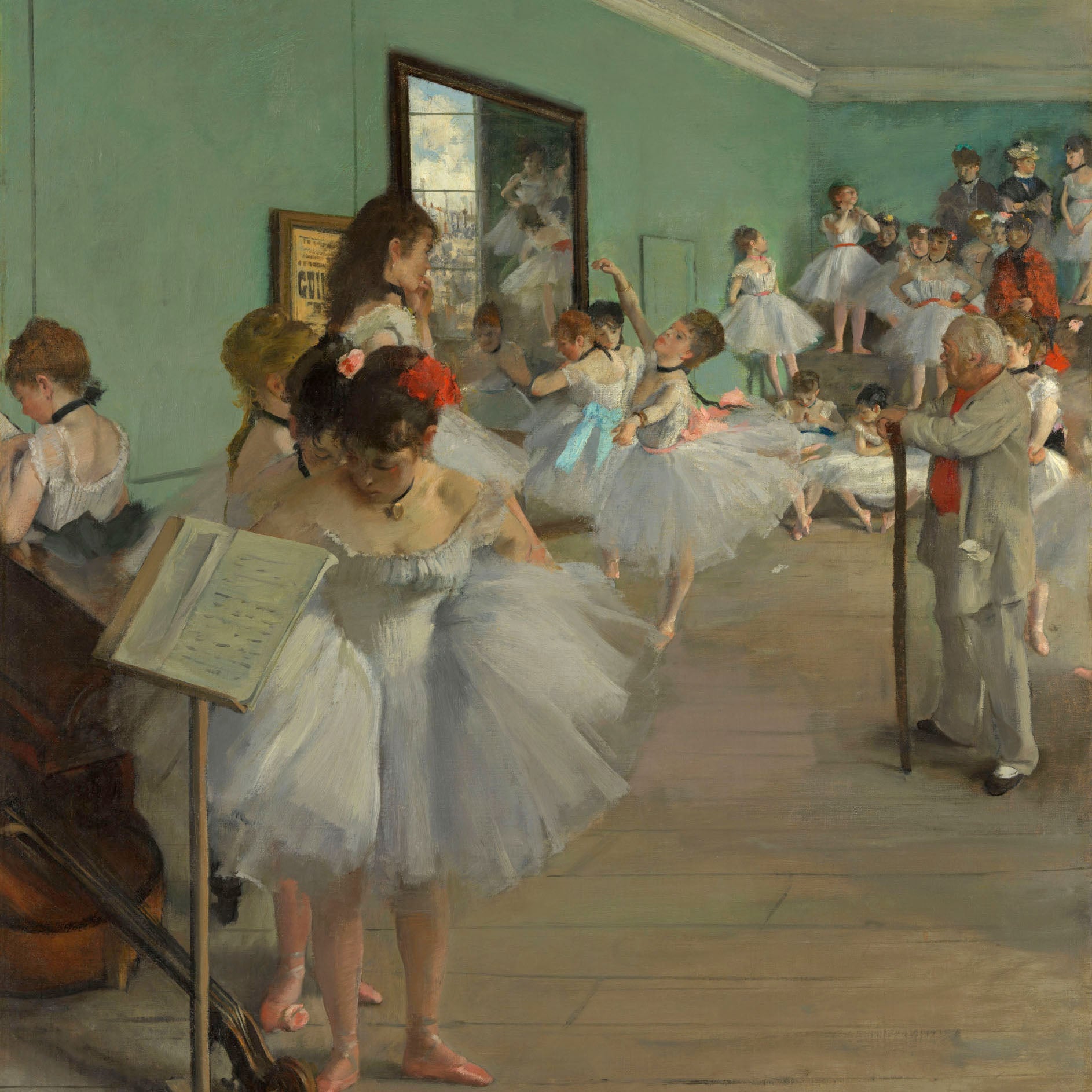 Impressionist painting by Edgar Degas depicting ballet dancers in tutus rehearsing in a 19th-century studio, capturing their grace and concentration with soft colors and elegant movement.