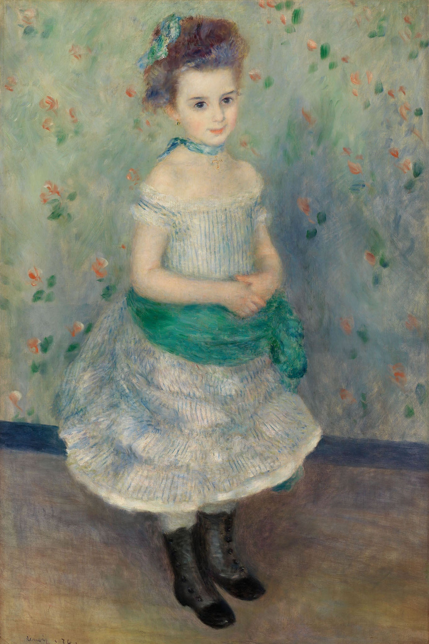 19th-century impressionistic portrait of Jeanne Durand-Ruel by Pierre-Auguste Renoir, featuring a young girl in an elegant dress against a floral background with soft brushstrokes and pastel tones, reflecting the innocence and grace of French art.