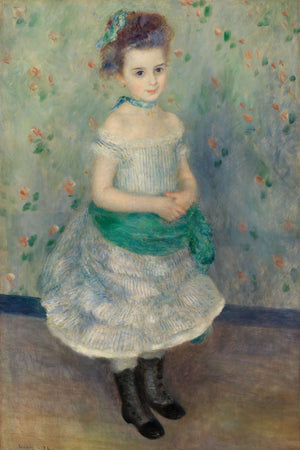 19th-century impressionistic portrait of Jeanne Durand-Ruel by Pierre-Auguste Renoir, featuring a young girl in an elegant dress against a floral background with soft brushstrokes and pastel tones, reflecting the innocence and grace of French art.