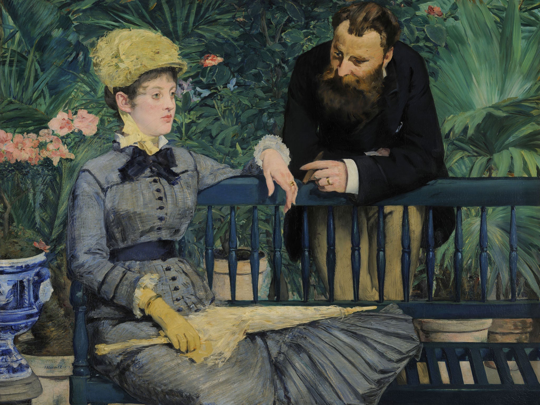19th-century Impressionist painting of an elegant couple in a lush indoor garden, showcasing vibrant greenery and Victorian-era attire.