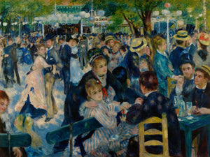 19th-century Impressionist painting of a lively Parisian celebration at Le Moulin de la Galette, featuring dancers and a festive crowd in a vibrant outdoor garden setting.