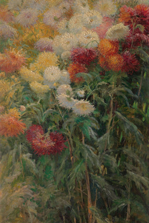 19th-century impressionistic painting of chrysanthemums blooming in a lush garden, with vibrant red, rose gold, and white flowers set against green foliage, capturing the serene beauty and rich texture of an autumn European garden.