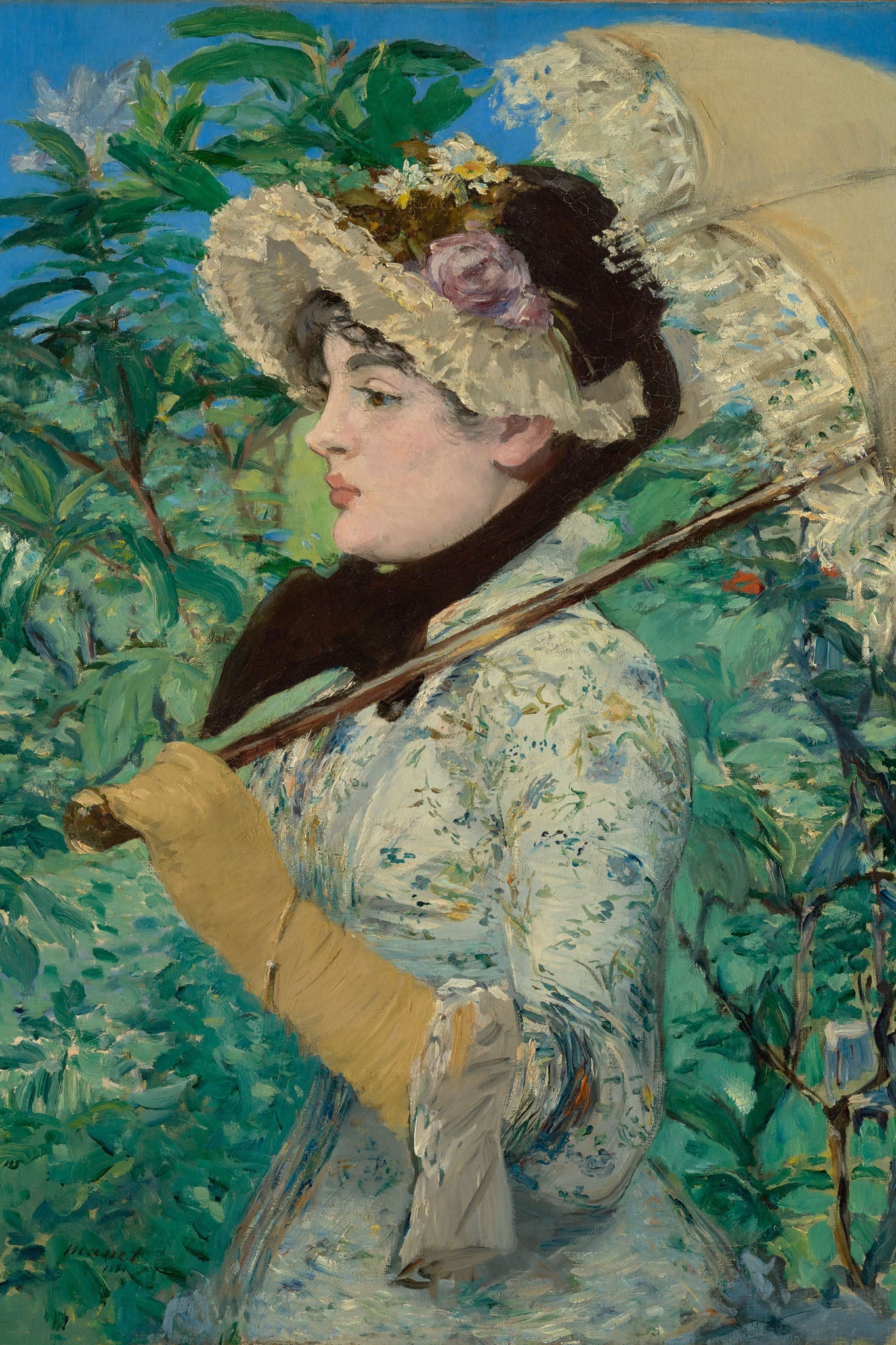 19th-century impressionistic portrait of a woman in a floral dress and bonnet, set against a lush green garden, capturing the elegance and vibrancy of spring with pastel tones and soft brush strokes.