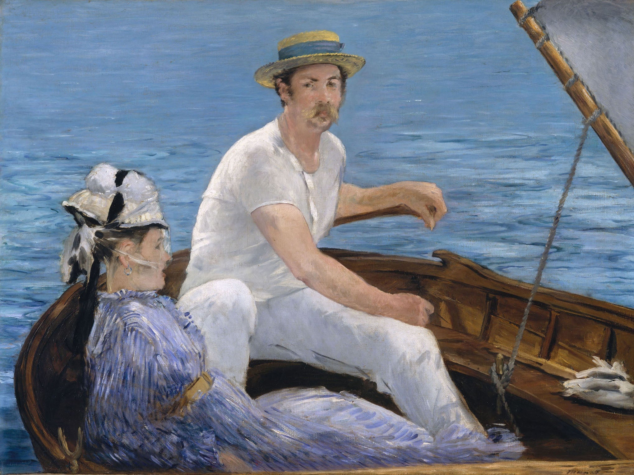 19th-century Impressionist painting of a man and woman boating on the sea, highlighting elegant brushwork and serene reflections in blue and white hues.