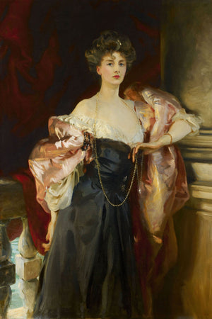 1904 portrait of Lady Helen Vincent, Viscountess d'Abernon, by John Singer Sargent, featuring a sophisticated gown in white, navy, and rose gold, with pearls and fine jewelry, capturing the elegance and opulence of the Edwardian aristocracy.