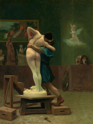 19th-century painting by Jean-Léon Gérôme depicting the mythological embrace of Pygmalion and his transformed sculpture, capturing romance, passion, and classicism in rich tones.