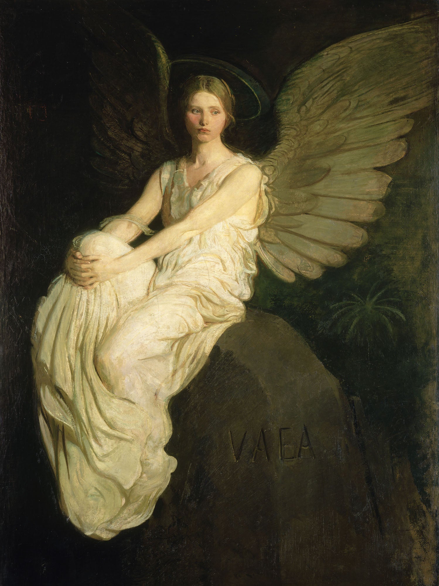 Classic painting by Abbot Handerson Thayer of an ethereal angel with wings and halo, rendered in soft lighting and serene tones, featuring divine beauty and contemplative grace.