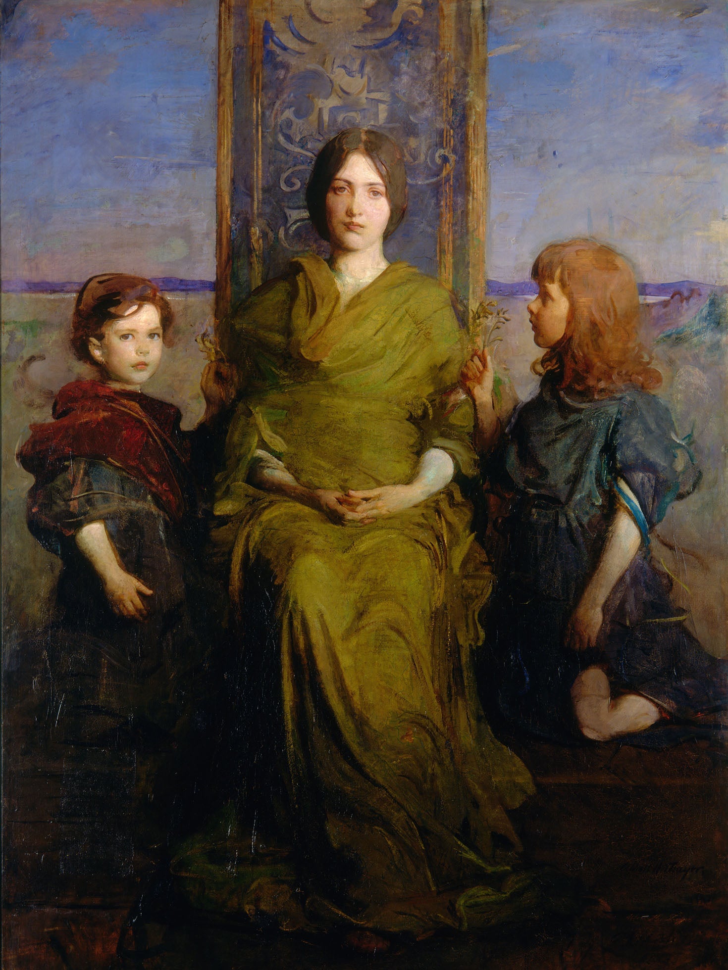 1920s classic portrait by Abbot Handerson Thayer of a mother with her children, featuring serene elegance, warm tones, and timeless family beauty.