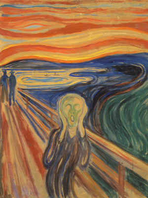 Iconic painting "The Scream" by Edvard Munch, showcasing a figure in existential dread with swirling colors and dramatic sunset background.
