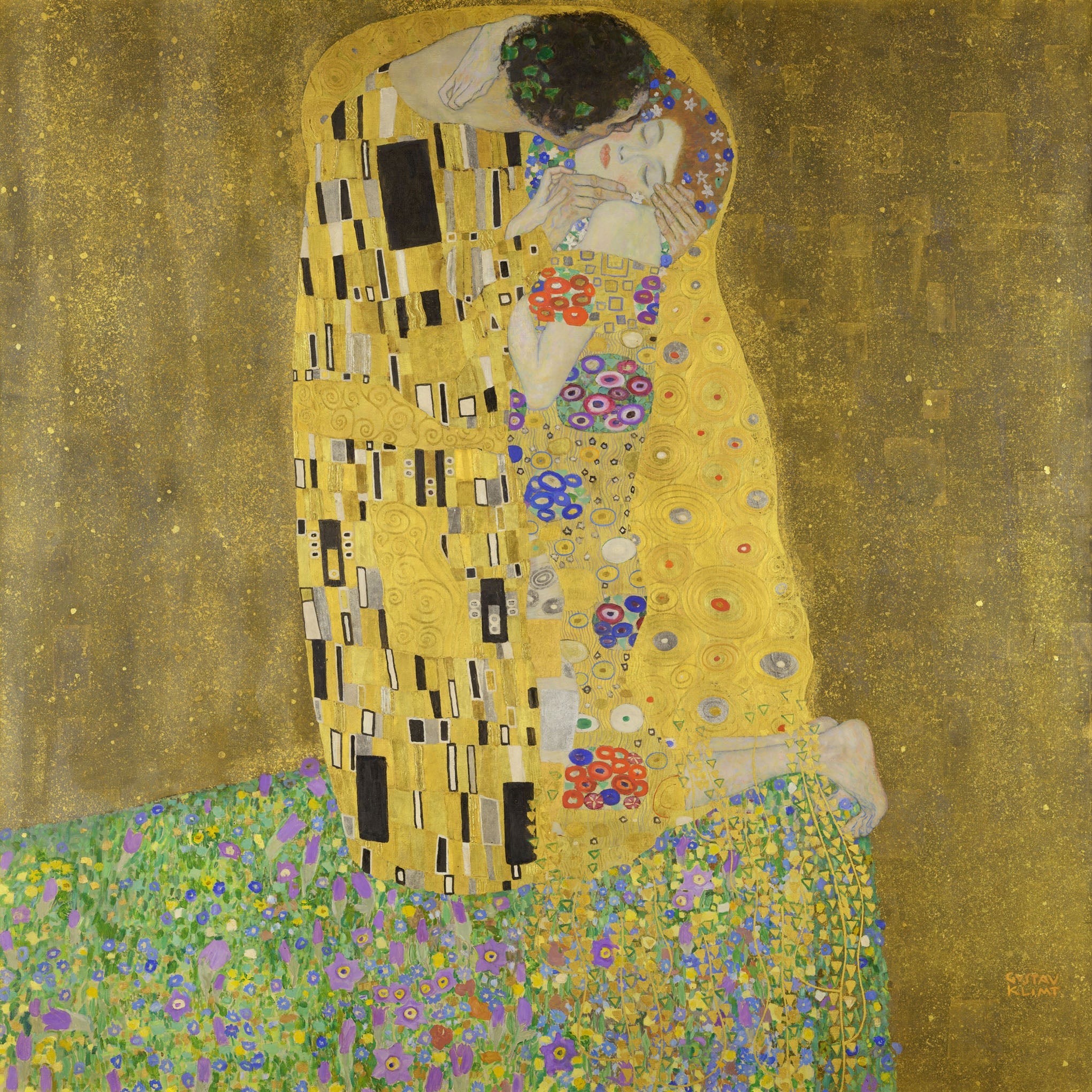 Gustav Klimt's iconic painting "The Kiss" featuring an intimate embrace of lovers with intricate gold and floral patterns, symbolizing romance and beauty in a vintage, ornamental style.