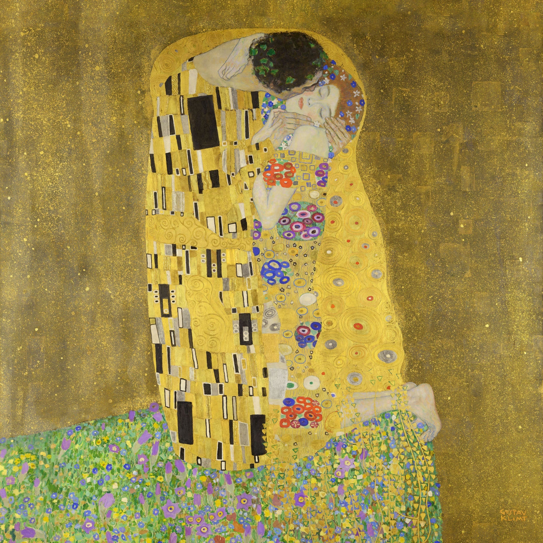 Gustav Klimt's "The Kiss" in a rich Art Nouveau style, featuring a couple in an intimate embrace with elaborate gold leaf and floral mosaic patterns, reflecting romance and sensuality in a vintage, ornamental artwork.