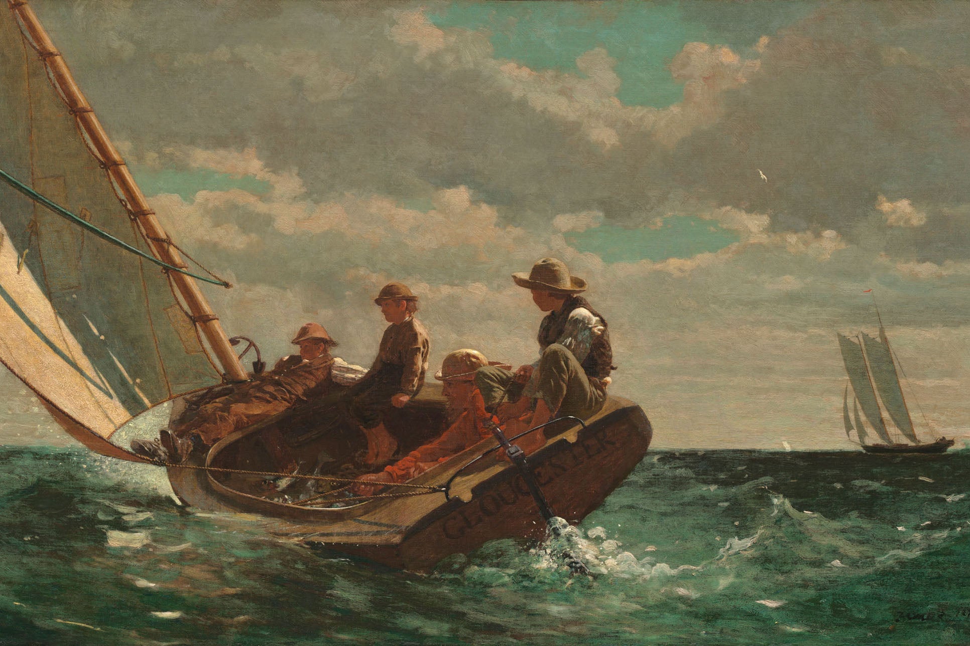 19th-century seascape by Winslow Homer featuring a sailing vessel in motion under a fair wind, with blue skies, churning waves, and sunlight, capturing the maritime leisure and tranquil beauty of the ocean.