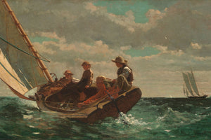 19th-century seascape by Winslow Homer featuring a sailing vessel in motion under a fair wind, with blue skies, churning waves, and sunlight, capturing the maritime leisure and tranquil beauty of the ocean.