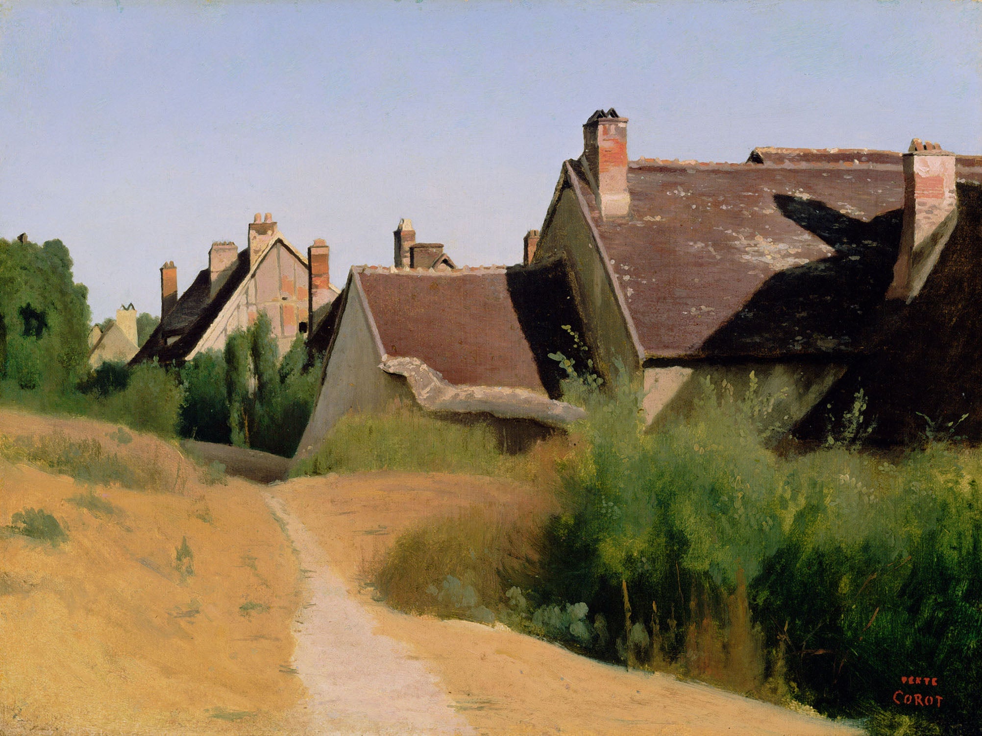 19th-century painting "Houses near OrlΓ©ans" by Jean-Baptiste Camille Corot, depicting traditional village architecture and a tranquil rural landscape with greenery and a summer path.