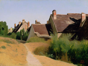 19th-century painting "Houses near Orléans" by Jean-Baptiste Camille Corot, depicting traditional village architecture and a tranquil rural landscape with greenery and a summer path.