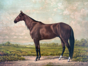Classic vintage painting of a chestnut horse standing gracefully in a serene grassland, showcasing its elegance and strength with a retro, timeless style.