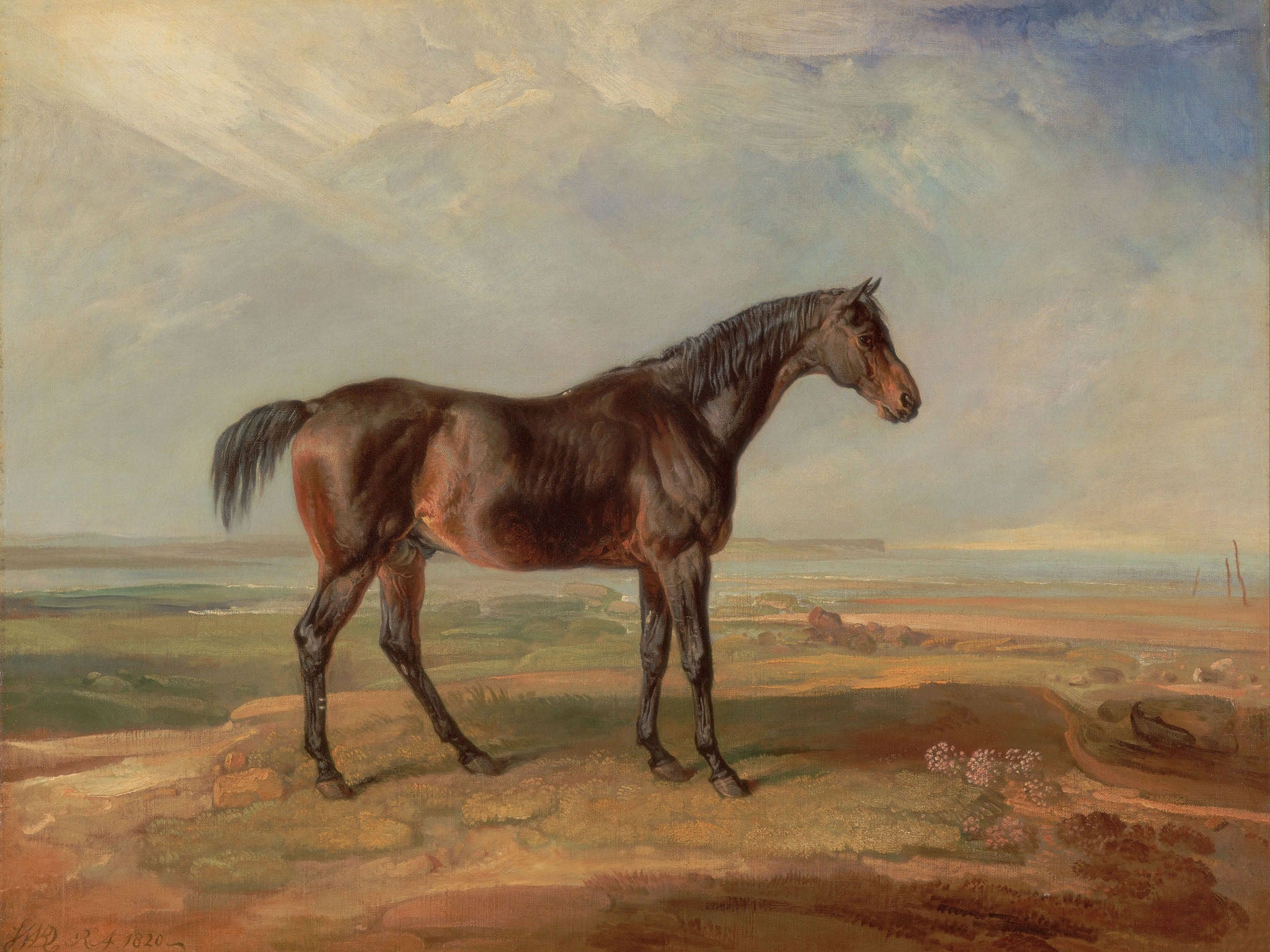 Classic vintage painting of a bay horse standing majestically in a serene rural field with a cloudy sky, showcasing its grace and poise in a timeless, elegant depiction.