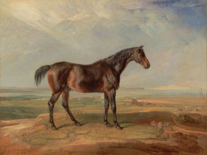 Classic vintage painting of a bay horse standing majestically in a serene rural field with a cloudy sky, showcasing its grace and poise in a timeless, elegant depiction.