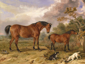 Vintage painting of horses grazing in a peaceful field with a serene blue sky, green grassland, and gentle clouds, capturing the calm beauty of equine life and rural tranquility.