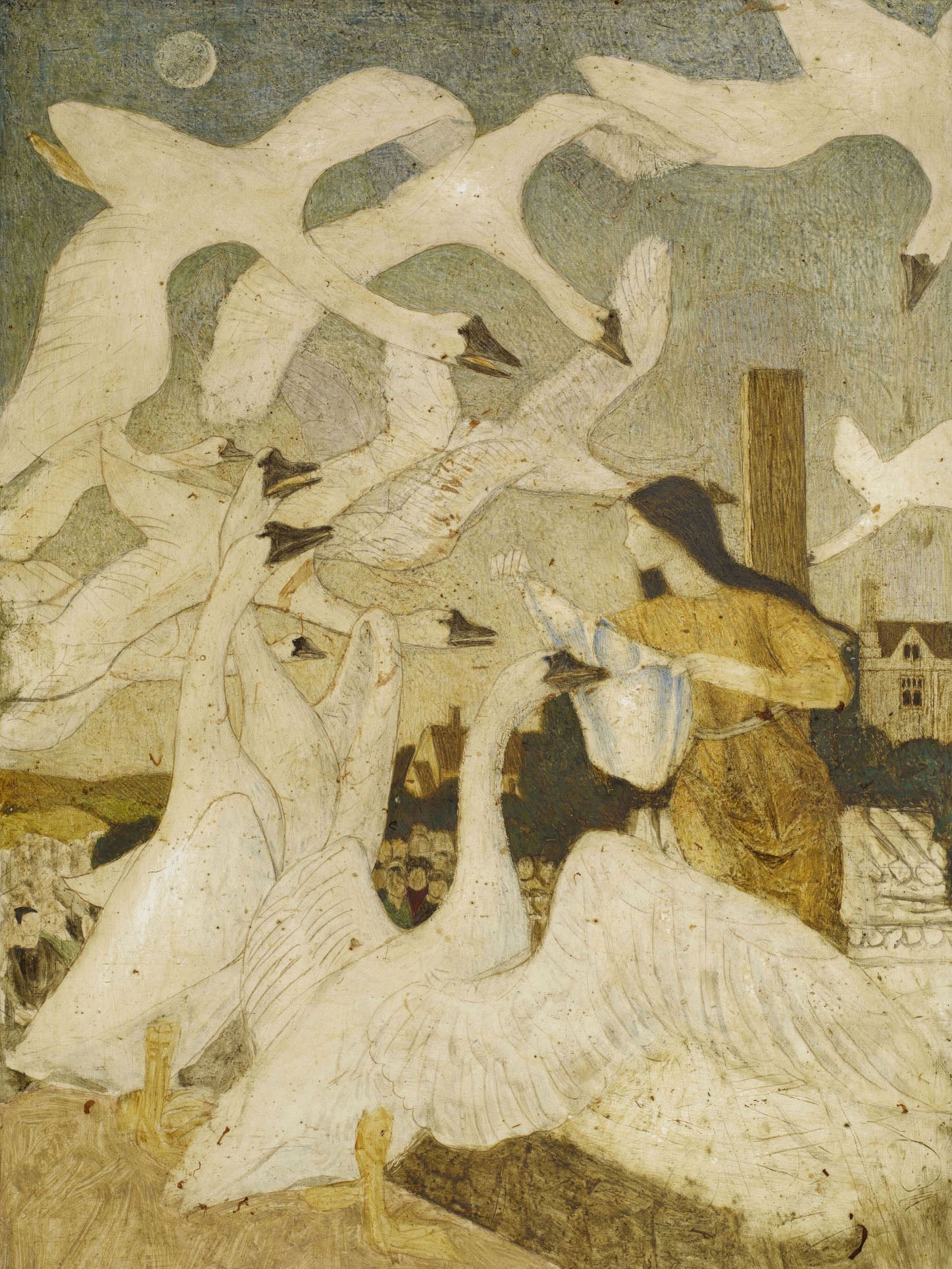 Vintage illustration of "The Wild Swans - Twelve Brothers Turned Into Swans" by Arthur Joseph Gaskin, featuring twelve brothers transformed into elegant swans, depicting a magical and enchanting fairy tale scene.