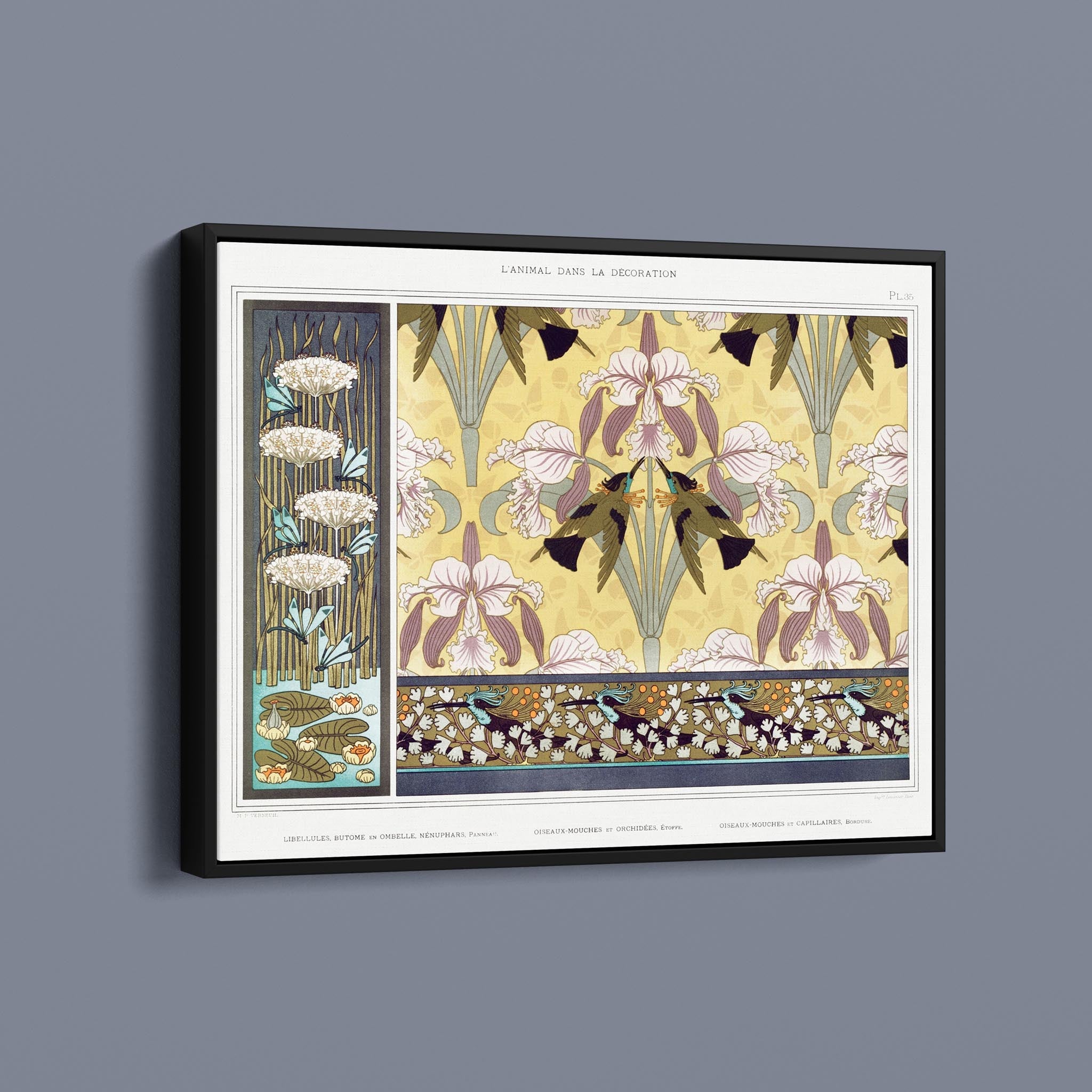 Libellules, butome en ombelle, nénuphars, panneau