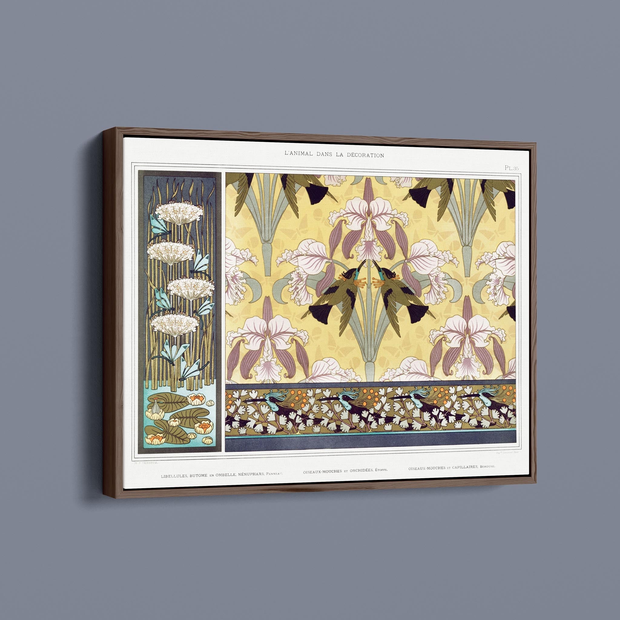 Libellules, butome en ombelle, nénuphars, panneau