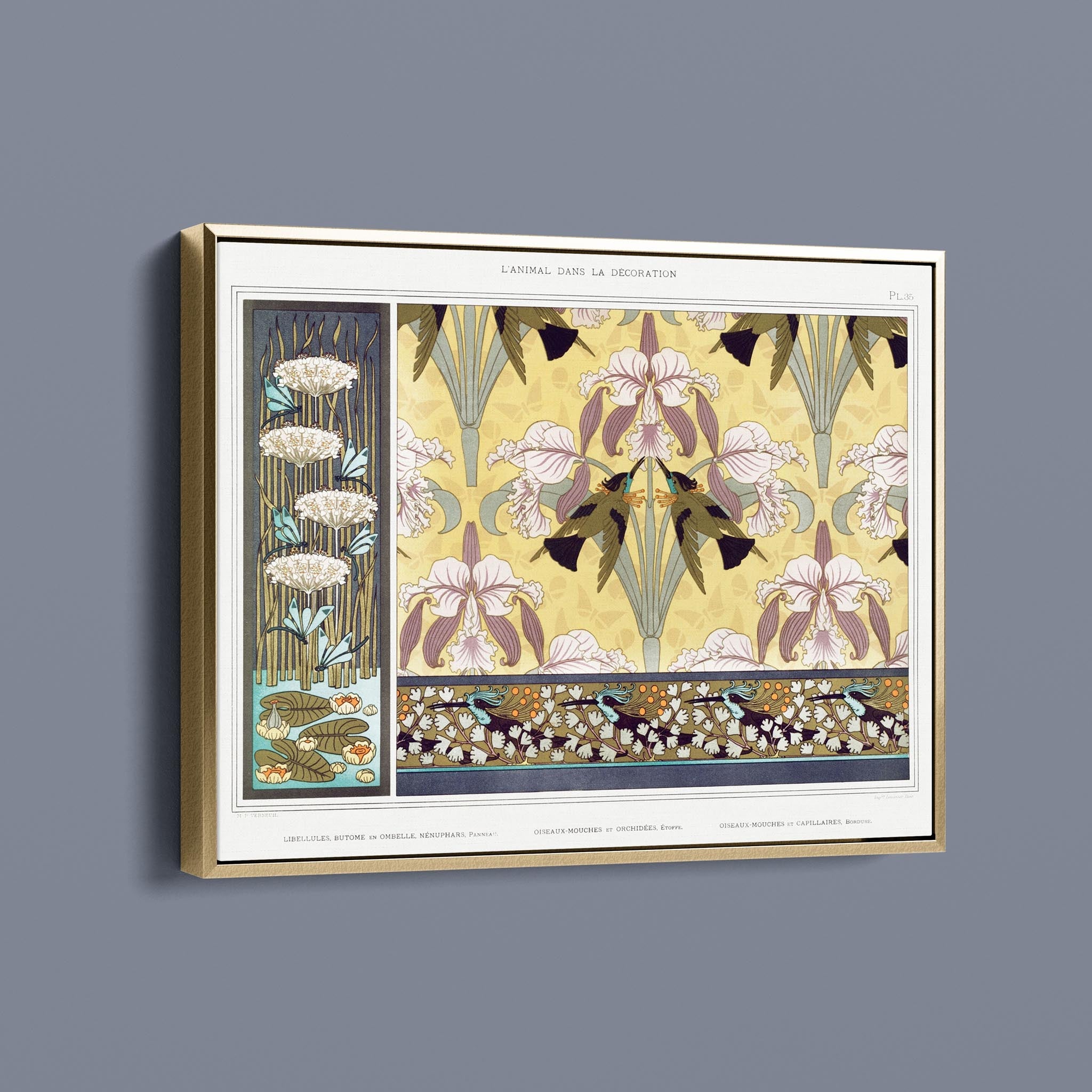 Libellules, butome en ombelle, nénuphars, panneau