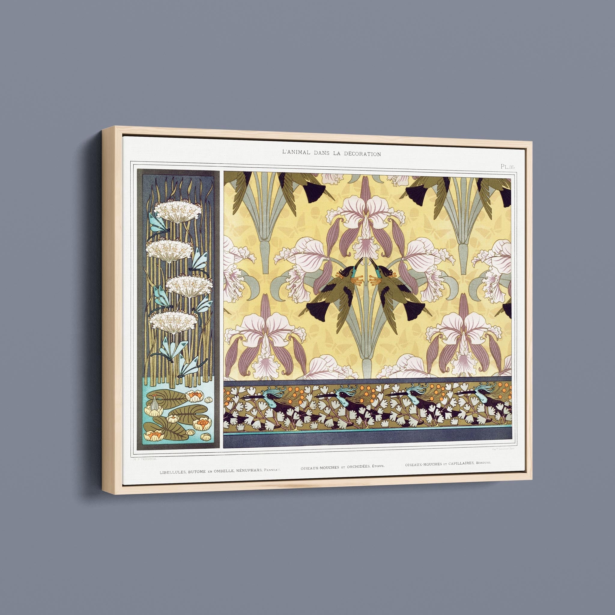 Libellules, butome en ombelle, nénuphars, panneau