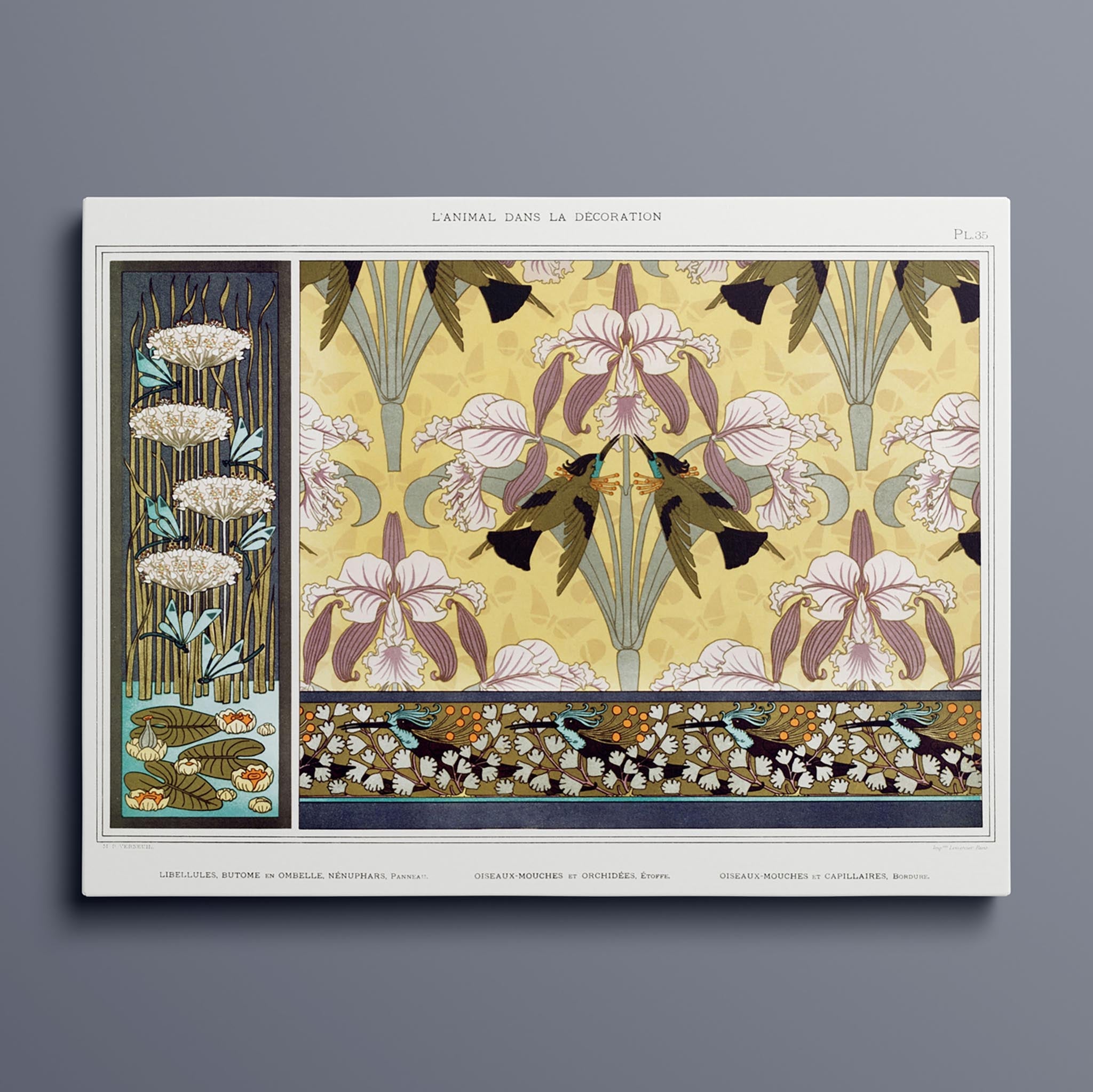 Libellules, butome en ombelle, nénuphars, panneau