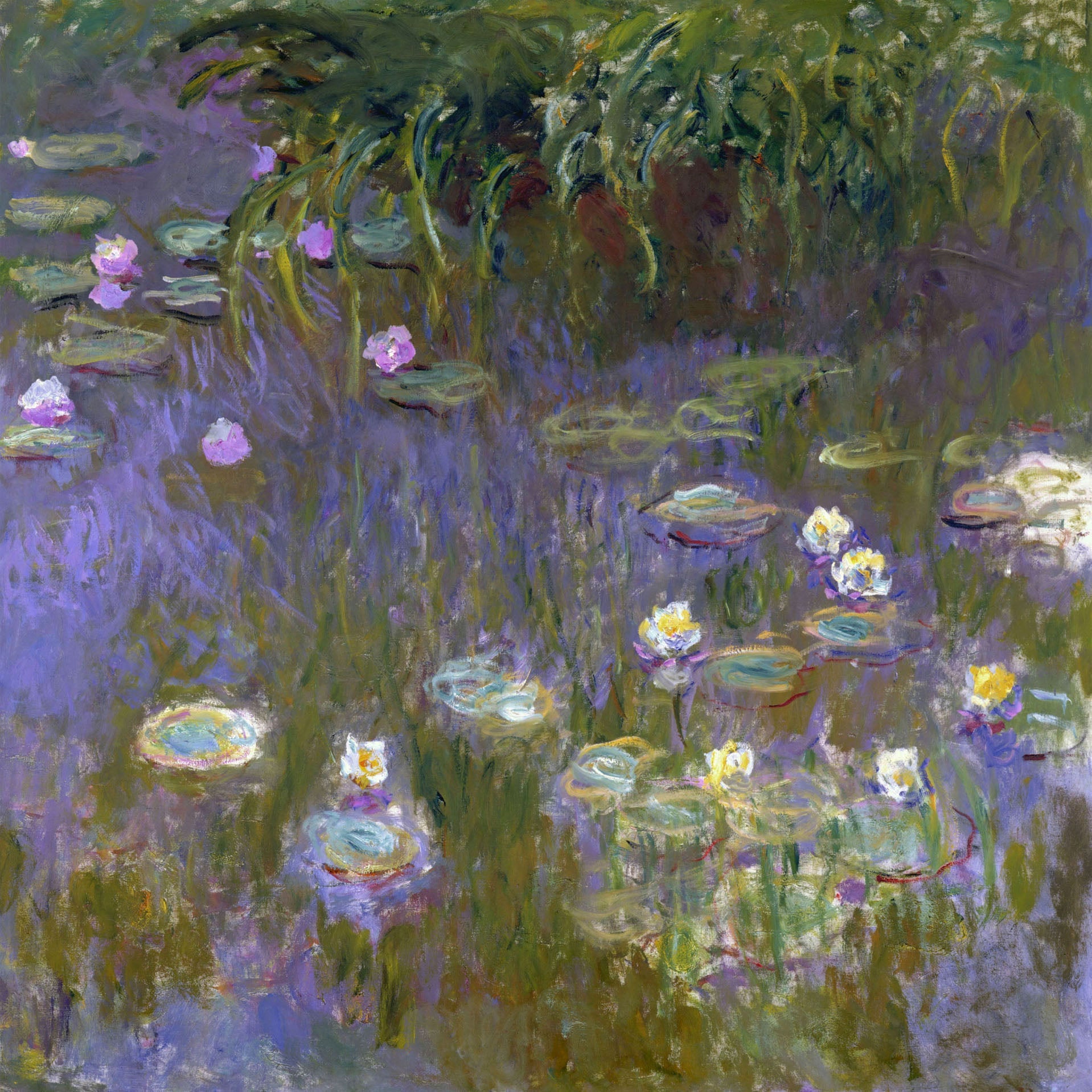 Claude Monetβs "Water Lilies" impressionist painting of a tranquil lily pond with soft purple, green, and blue hues reflecting serene nature.