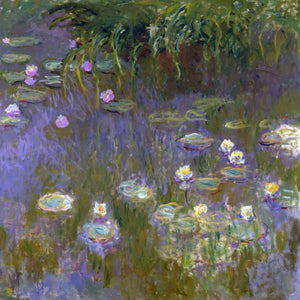 Claude Monetβs "Water Lilies" impressionist painting of a tranquil lily pond with soft purple, green, and blue hues reflecting serene nature.