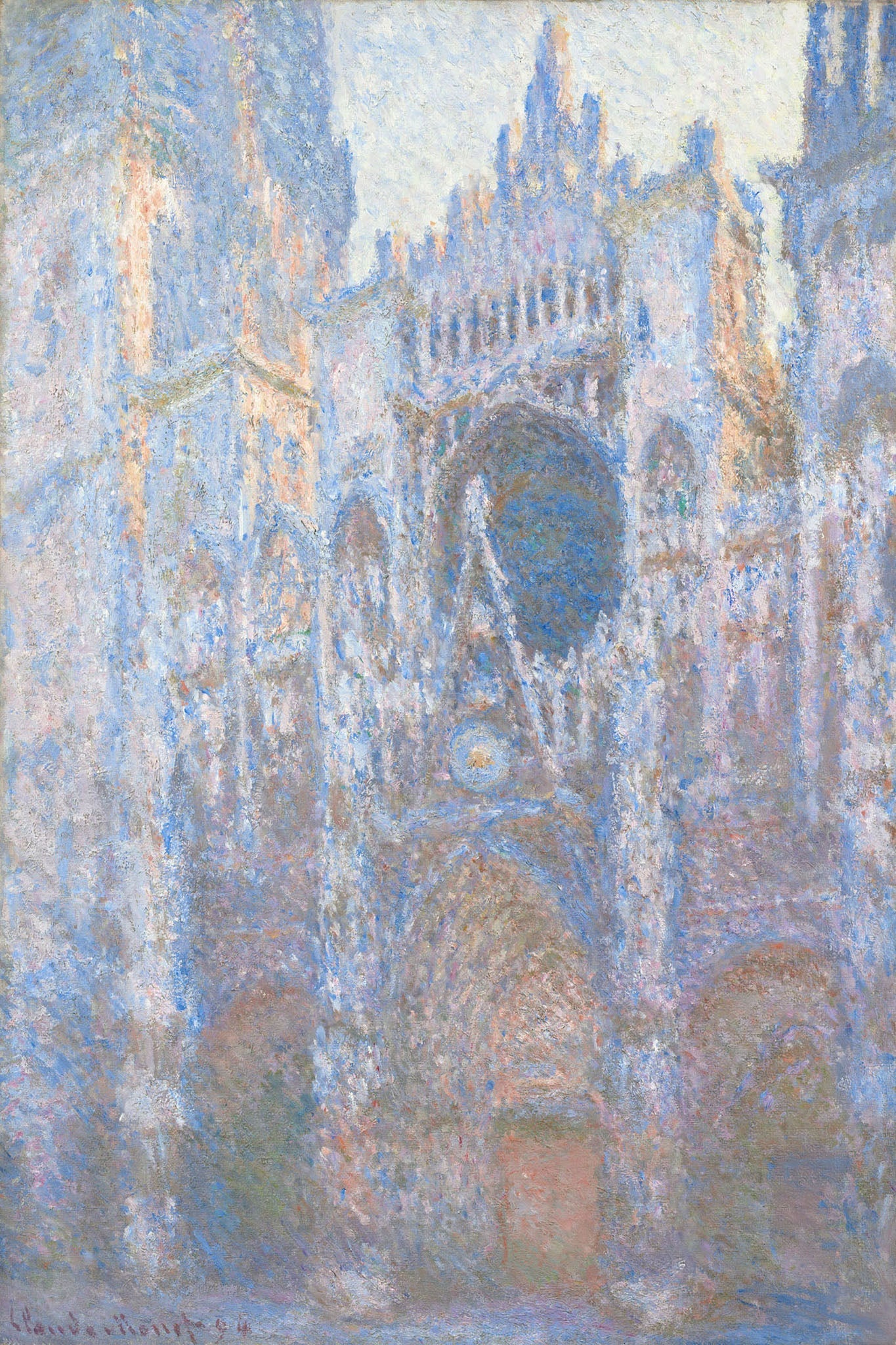 Impressionist painting by Claude Monet of the Rouen Cathedralβs West FacΜ§ade, featuring pastel blues, purples, and silvers that highlight the Gothic architectureβs texture and historical significance. The artwork captures the ethereal light and atmospheric effects of dawn or dusk.