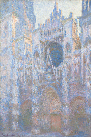 Impressionist painting by Claude Monet of the Rouen Cathedral’s West Façade, featuring pastel blues, purples, and silvers that highlight the Gothic architecture’s texture and historical significance. The artwork captures the ethereal light and atmospheric effects of dawn or dusk.