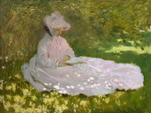 Vintage Impressionist painting "Sprinting - Walters" by Claude Monet, showing a woman reading a book in a peaceful garden with blooming flowers and pastel colors.