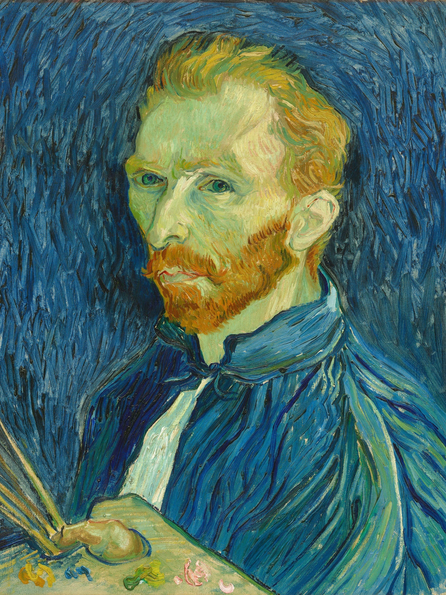 Vintage Post-Impressionist self-portrait by Vincent van Gogh, featuring the artist's intense expression, orange beard, and bold brushwork in blue and orange tones.