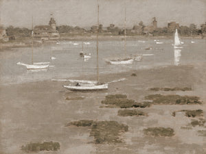Fine art print of a tonalist harbor scene by Theodore Robinson, 1894, depicting sailboats and small vessels anchored in calm misty water, with exposed tidal mudflats in the foreground and a hazy distant shoreline, rendered in muted taupes, grays, and warm beiges.