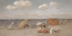 Impressionist oil painting print of a Victorian beach scene by William Merritt Chase, 1892, featuring elegantly dressed figures resting on sandy shore beneath yellow and orange-red parasols, with a calm sea, small sailboat, and billowing clouds on the horizon, remastered in warm muted Patina Collection tones.