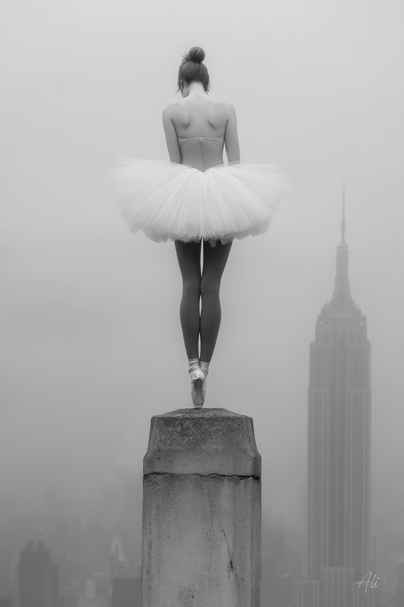 Black and white fine art photo of a ballerina in a dynamic pose on a New York skyscraper rooftop, tulle tutu flowing against the city skyline, styled with Helmut Newton's dramatic contrasts and Ilford Delta 100 film tones.
