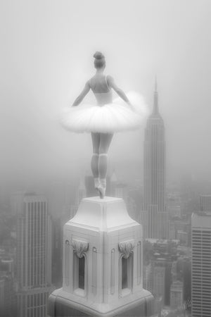 Antique-style black and white ai photo of a ballerina in a dramatic pose on a skyscraper rooftop overlooking New York City, with flowing tutu and vintage tonal contrasts, styled with dreamy lighting.