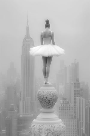 Black and white fine art ai photograph of a ballerina in a thoughtful pose on a NYC rooftop, overlooking the Art Deco spire of the Chrysler Building, with vintage-inspired contrast and ethereal lighting.
