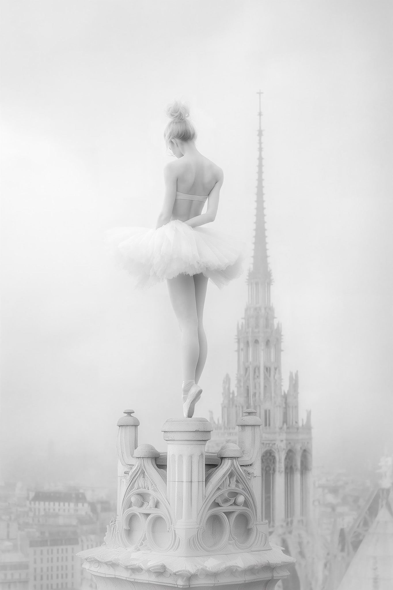 Black and white fine art ai photograph of a ballerina en pointe on a Barcelona spire, silhouetted against a backdrop of cathedral towers and the citys distinctive skyline, with vintage-inspired contrast and ethereal lighting.