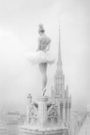 Black and white fine art ai photograph of a ballerina en pointe on a Barcelona spire, silhouetted against a backdrop of cathedral towers and the citys distinctive skyline, with vintage-inspired contrast and ethereal lighting.