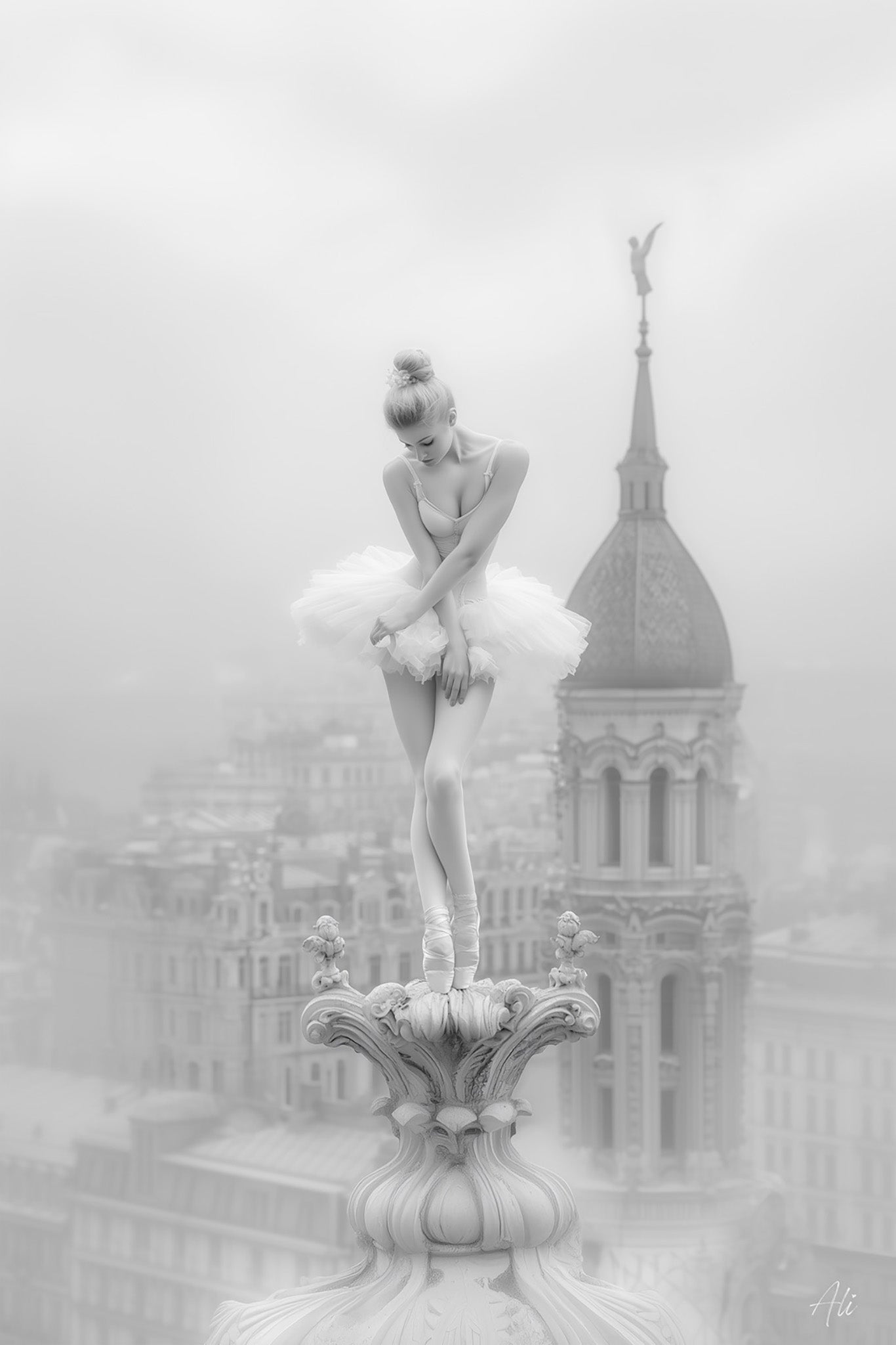 Black and white fine art ai photograph of a ballerina with arms crossed in a self-conscious pose, captured against an urban backdrop, with vintage-inspired contrasts and soft, ethereal lighting.