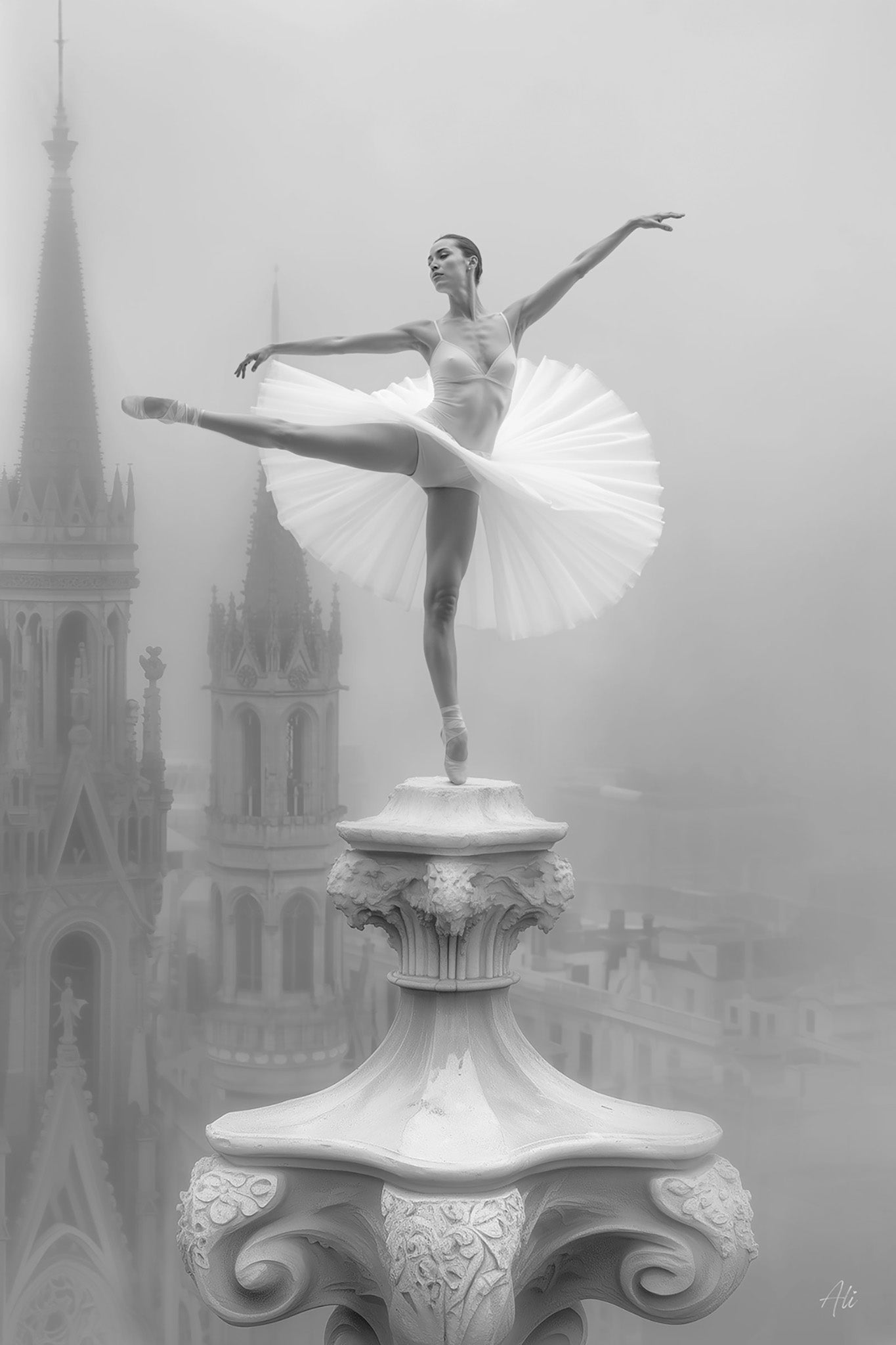 Black and white fine art ai photograph of a ballerina in a dynamic pose atop a Barcelona spire, with the city's distinctive Gaudí-inspired architecture visible in the background, captured with vintage-inspired contrast and ethereal lighting.